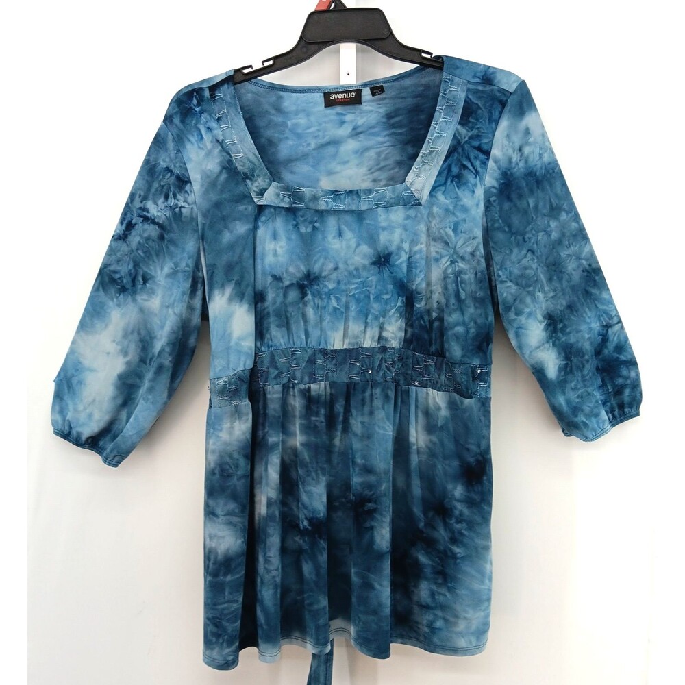 Avenue Blouse Women Size 18/20 Blue 3/4 Sleeve Square Neck Tie Back Top